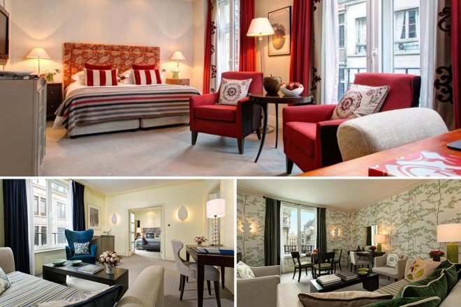A collage of three photos of hotels to stay in Brussels: an elegant bedroom featuring a striking red and white patterned headboard with matching drapes; a spacious living area with a deep blue armchair, striped sofa and a dining table set for two; and a cozy sitting room with green botanical wallpaper, large windows offering a city view, and a long, plush green sofa accented with yellow pillows